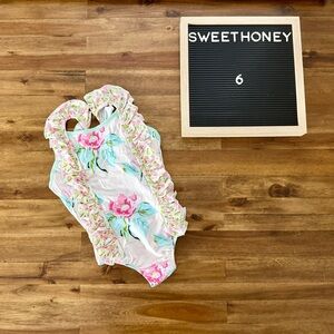 NWT SweetHoney Girls Moxie One Piece Palest Pink Floral Swimsuit 6 Magnolia